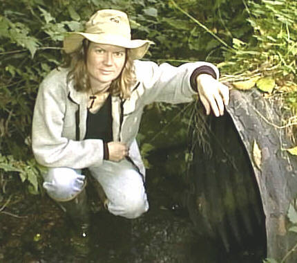Laura examining culvert, Schooner Creek, Siletz watershed, Oregon USA